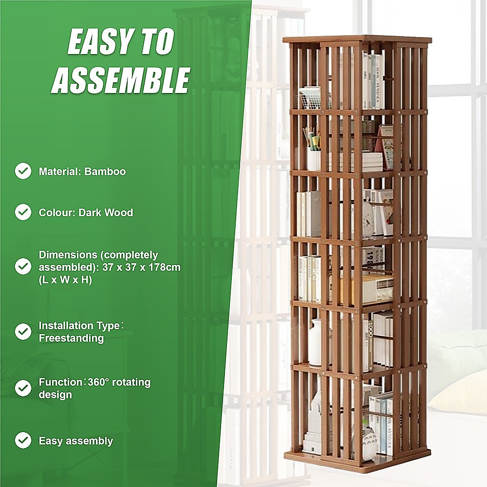 360 Rotating Bookshelf Bamboo Storage Display Rack Shelving in Dark Wood