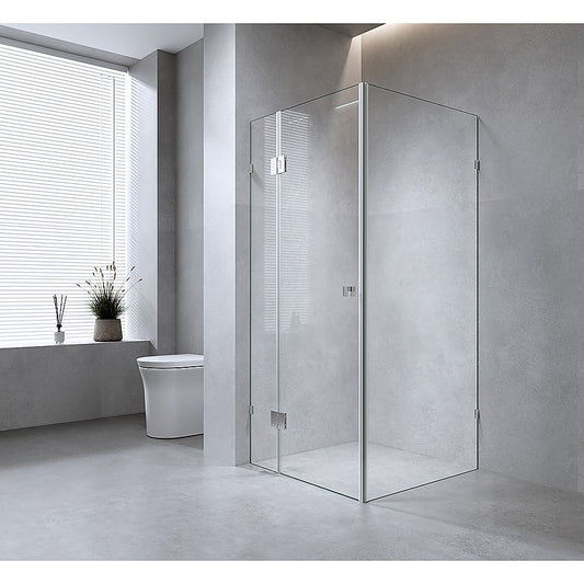 90x80cm Corner Frameless Shower Screen with Black Brackets and SS Hinges, Square Knob Handle