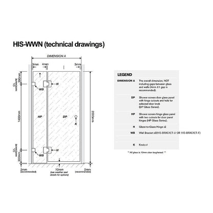 90x80cm Corner Frameless Shower Screen with Black Brackets and SS Hinges, Square Knob Handle