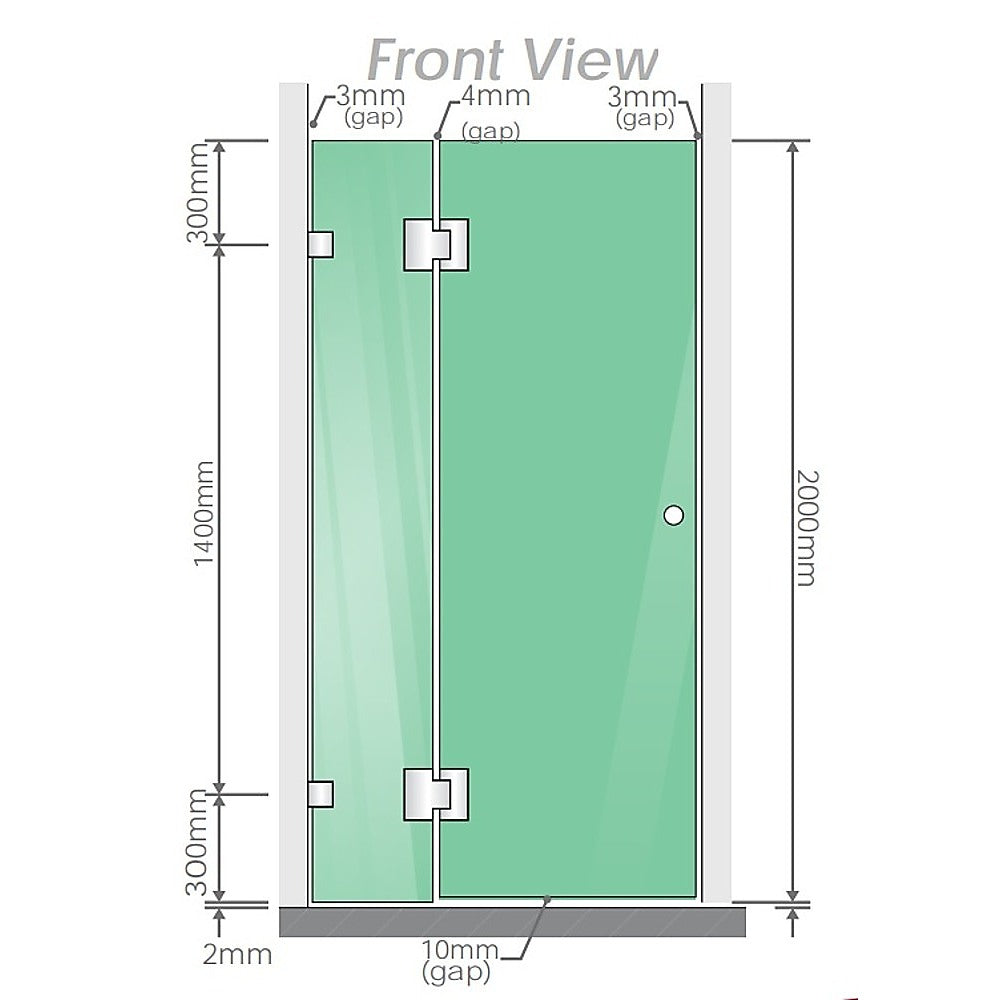 90x80cm Corner Frameless Shower Screen with Black Brackets and SS Hinges, Square Knob Handle