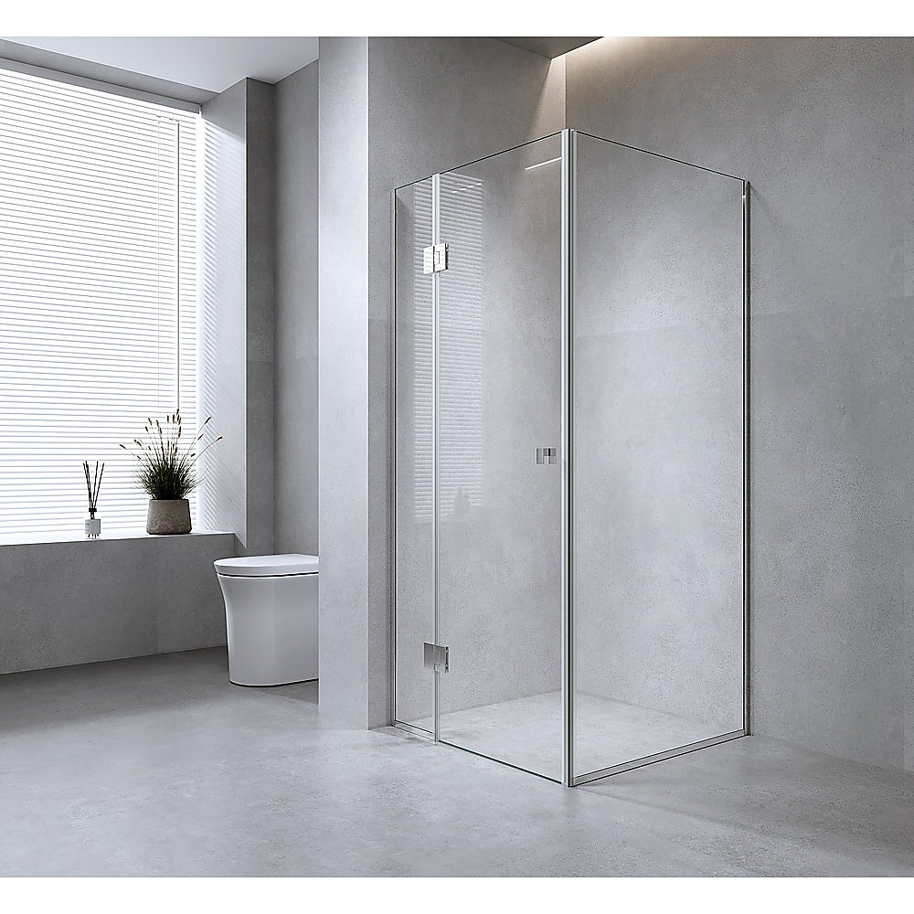 90x70cm Corner Frameless Shower Screen with Chrome Channel and SS Hinges, Square Knob Handle