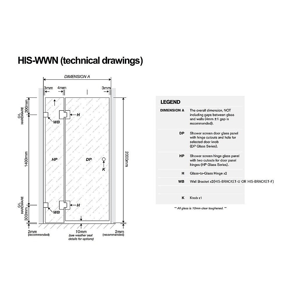 90x70cm Corner Frameless Shower Screen with Chrome Channel and SS Hinges, Square Knob Handle