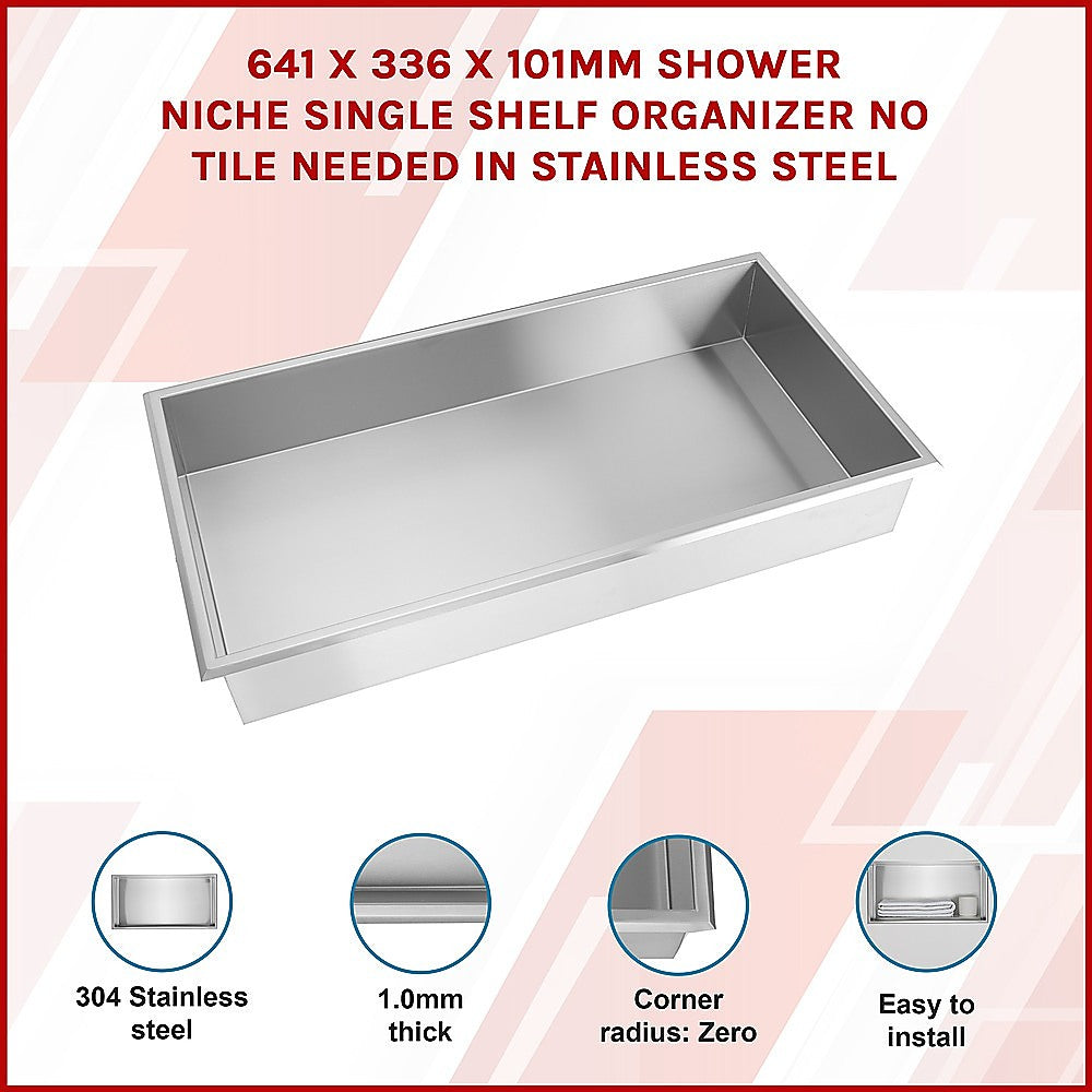 641 x 336 x 101mm Shower Niche Single Shelf Organizer No Tile Needed in Stainless Steel