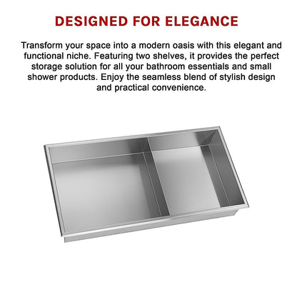 641 x 336 x 101mm Shower Niche Double Shelf Organizer No Tile Needed in Stainless Steel Finish