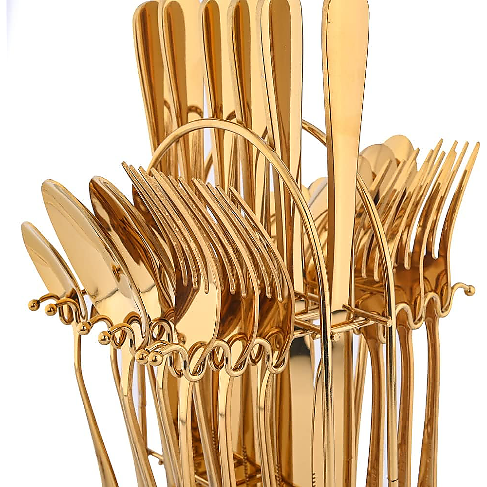 Tableware 24PC Gold Cutlery Set SS304 Household Knife Fork Spoon Kitchen with Storage Rack Dinner Service