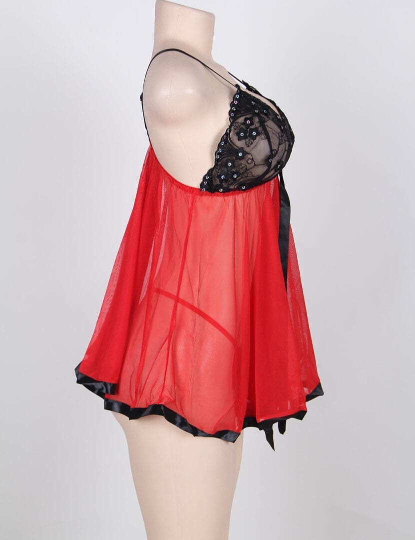 Lace, Satin and Sequin Trimmed Sheer Babydoll by My Secret Drawer ® - 5XL