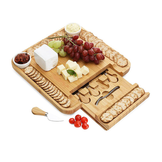 Bertha Bamboo Cheese Charcuterie Board and Knife Set 9 piece Square 34cm Free Delivery