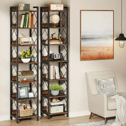 NNETMLT 78.7 Inch Extra Tall 7 Tier Skinny Bookcase, Rustic Brown