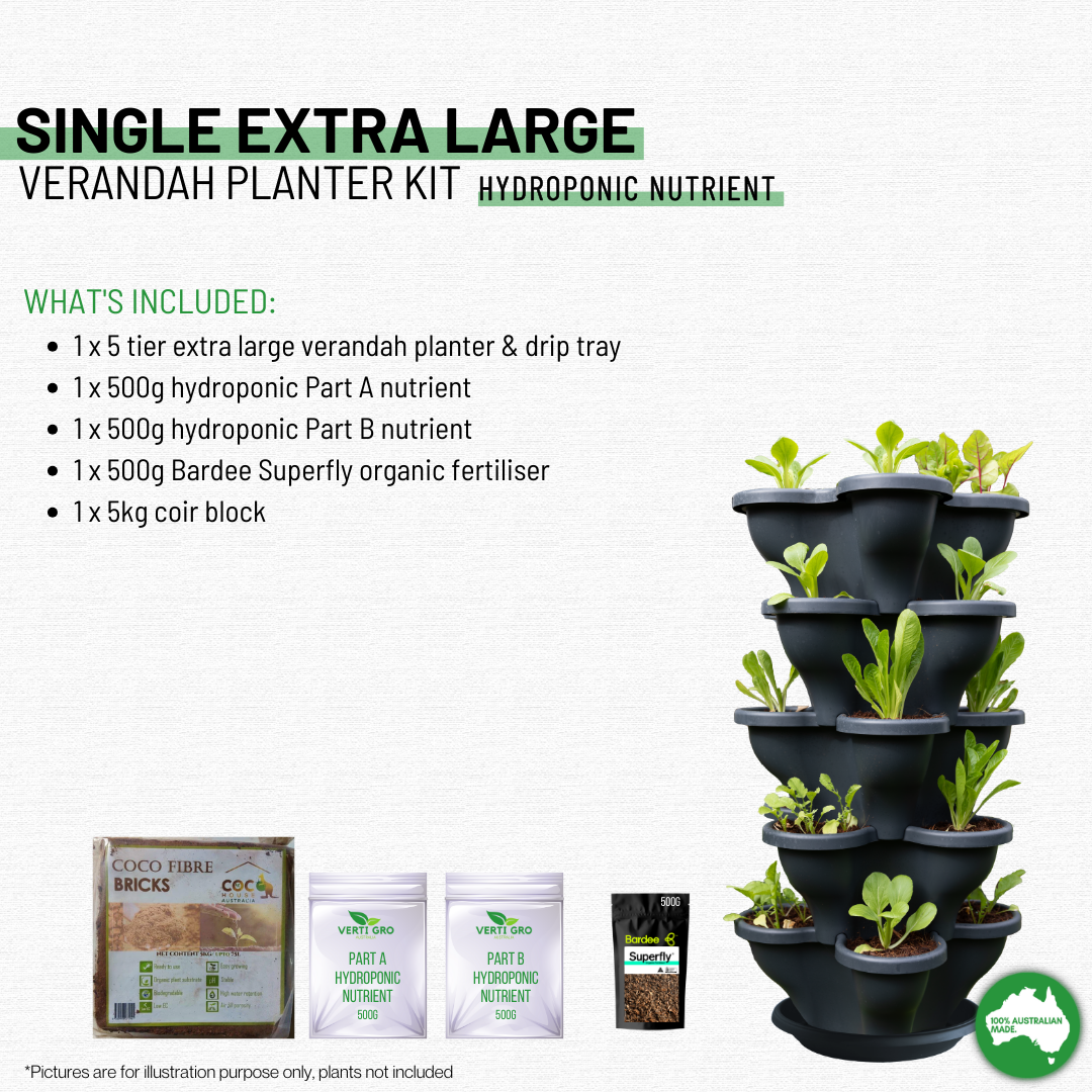 Single 5 Tier Extra Large Verandah Planter Garden Kit (Inc Coir, A & B Nutrient and Bardee Superfly Organic Booster)  - Charcoal