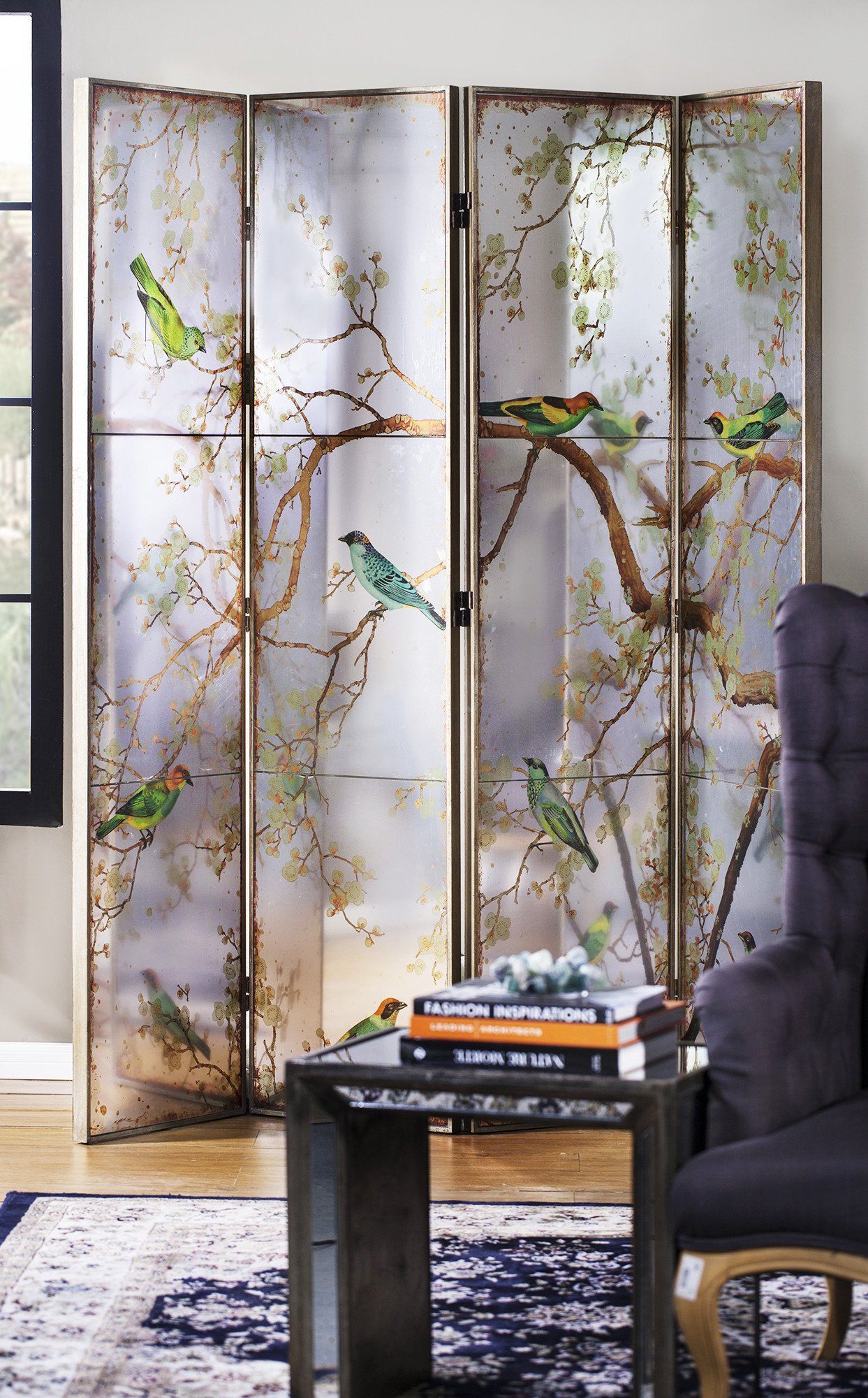 EXOTIC MELODIES MIRROR BIRD DRESSING SCREEN/ROOM DIVIDER