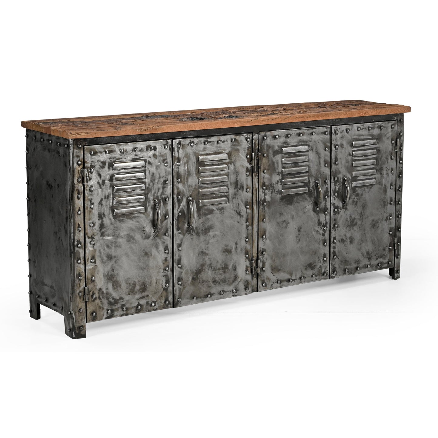 VINTAGE IRON LOCKER SIDEBOARD WITH RECLAIMED RAILWAY SLEEPER WOOD