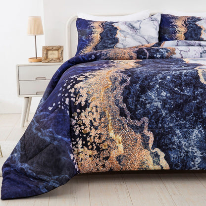 Blue Marble Comforter Set, Queen/King Size, Retro Watercolor 3-Piece Bedding Ensemble