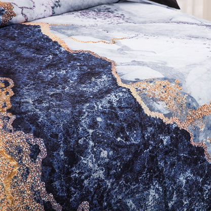 Blue Marble Comforter Set, Queen/King Size, Retro Watercolor 3-Piece Bedding Ensemble