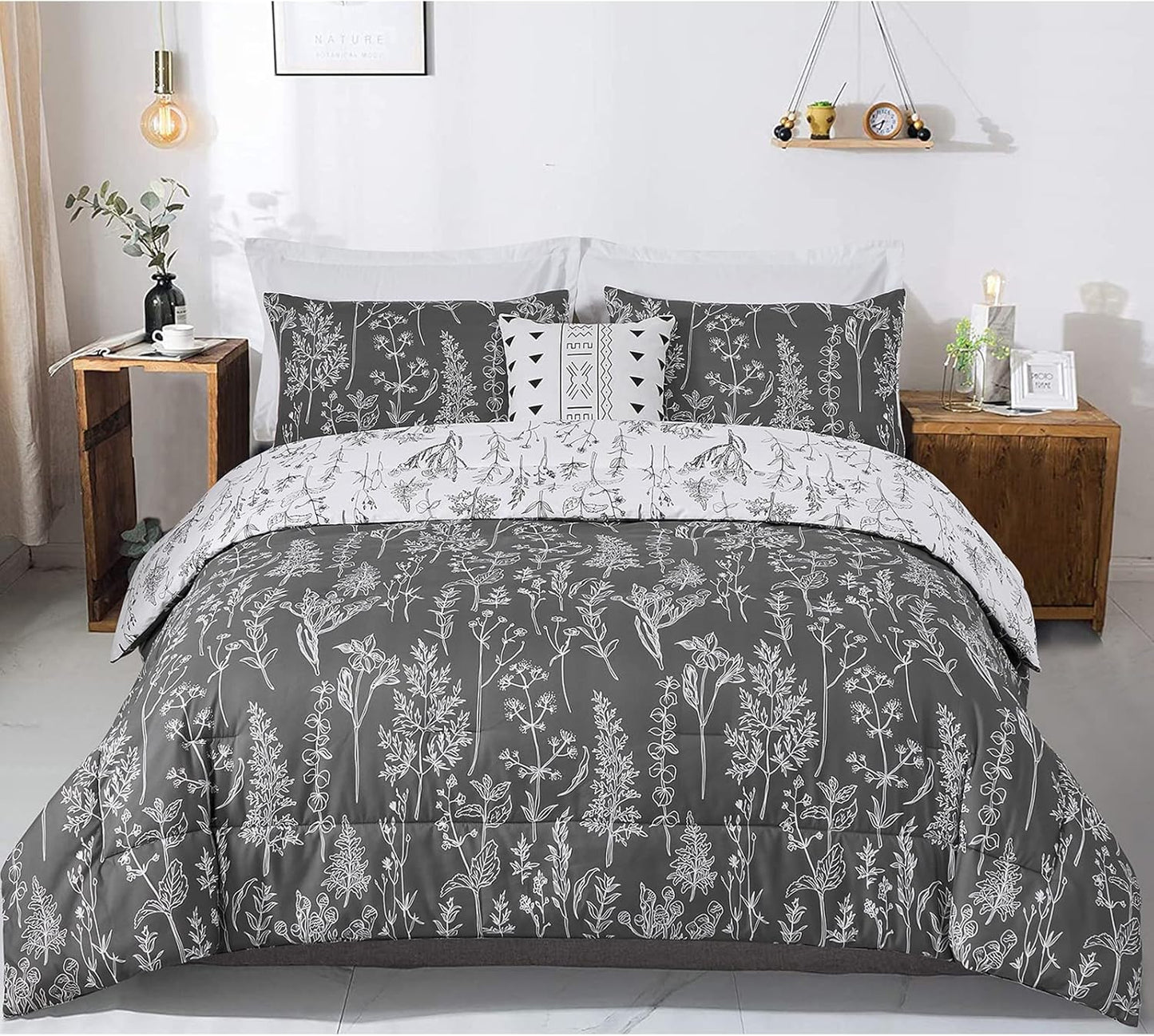 Floral Comforter Set, Queen/King Size, Black White Floral Pattern Reversible Bedding