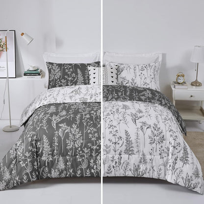 Floral Comforter Set, Queen/King Size, Black White Floral Pattern Reversible Bedding