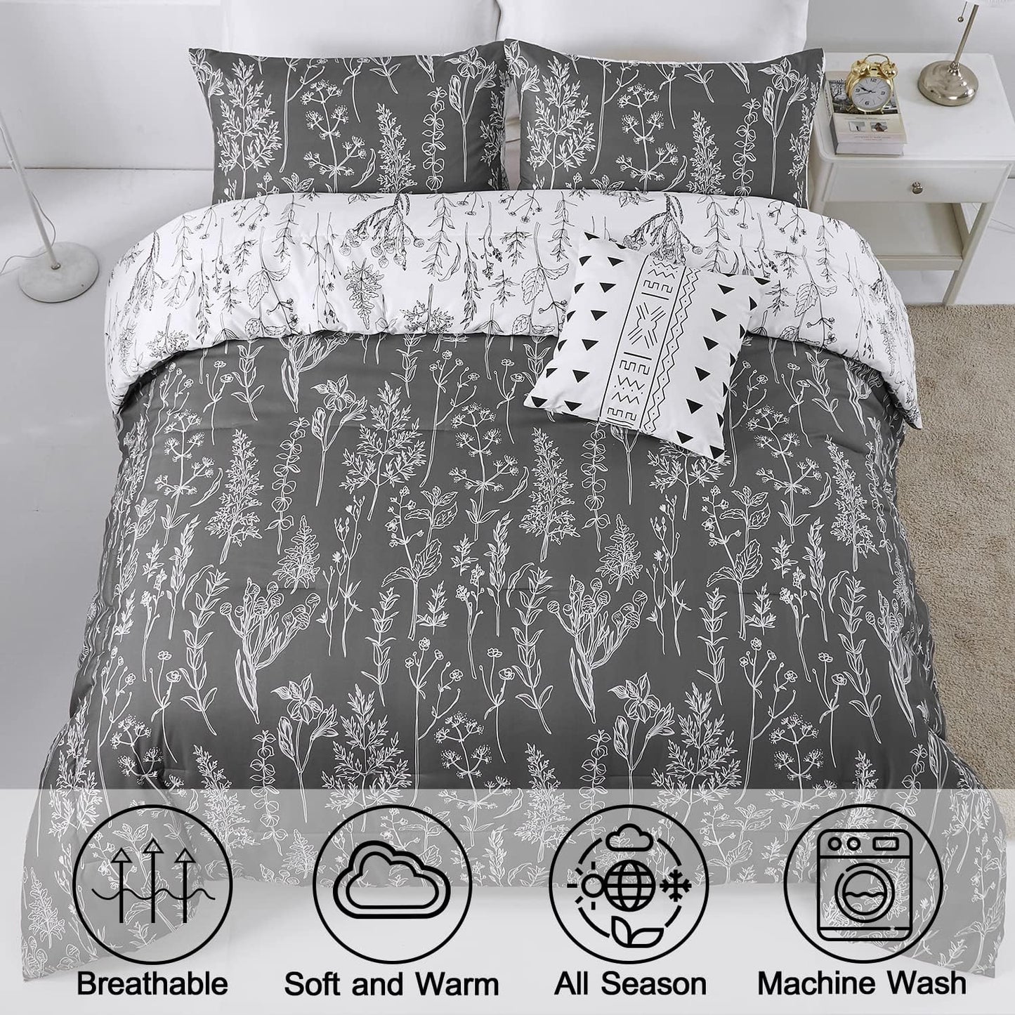 Floral Comforter Set, Queen/King Size, Black White Floral Pattern Reversible Bedding