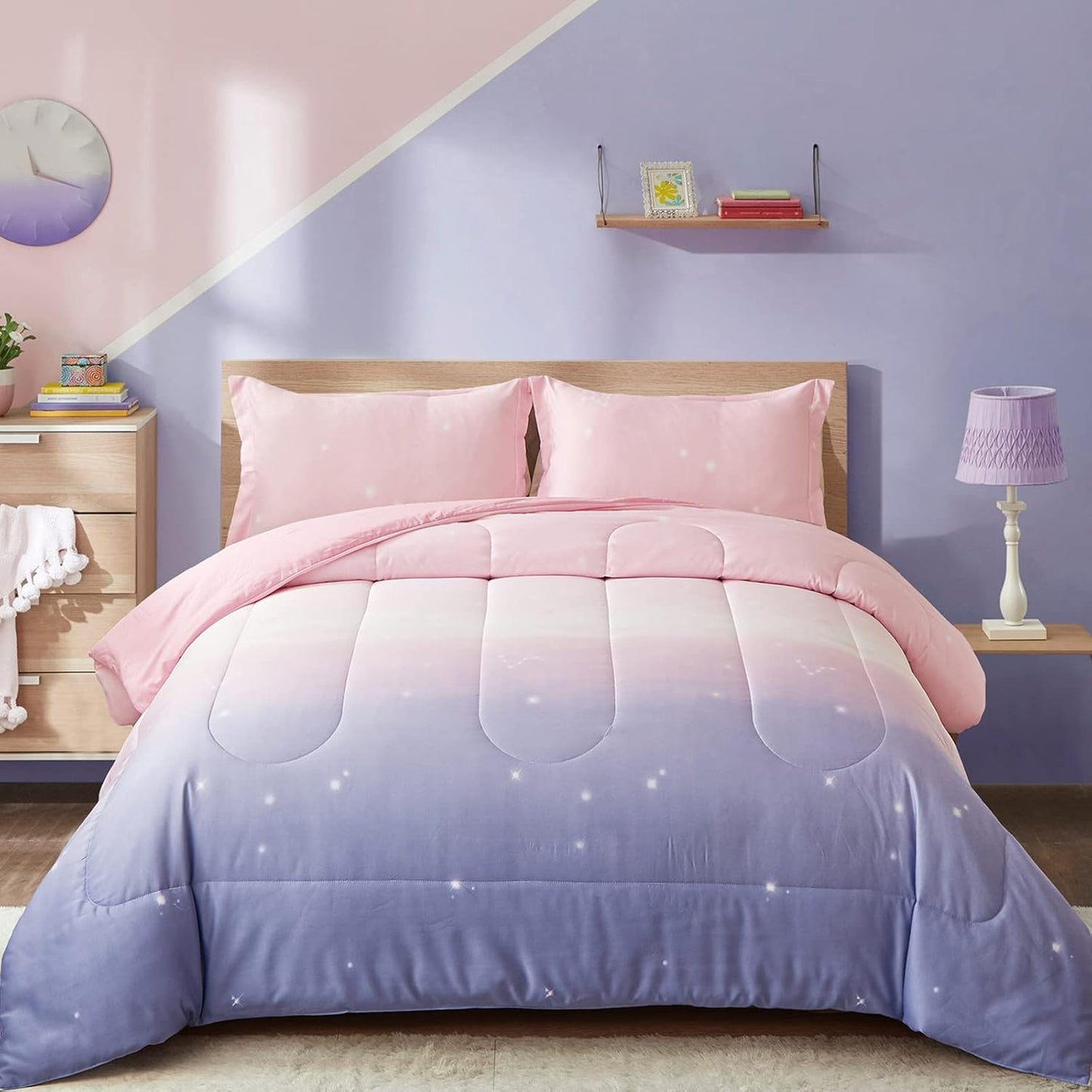 Girls Comforter Set, Queen/King Size, Ombre Pink Purple Rainbow 3-Piece Bedding Collection