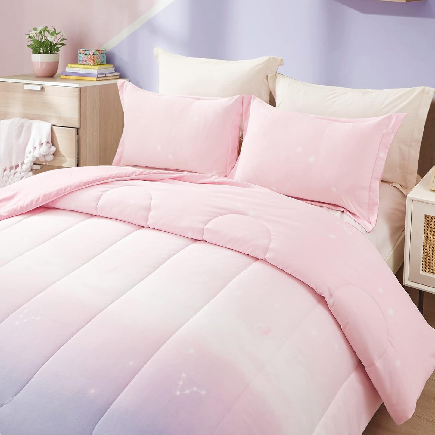 Girls Comforter Set, Queen/King Size, Ombre Pink Purple Rainbow 3-Piece Bedding Collection