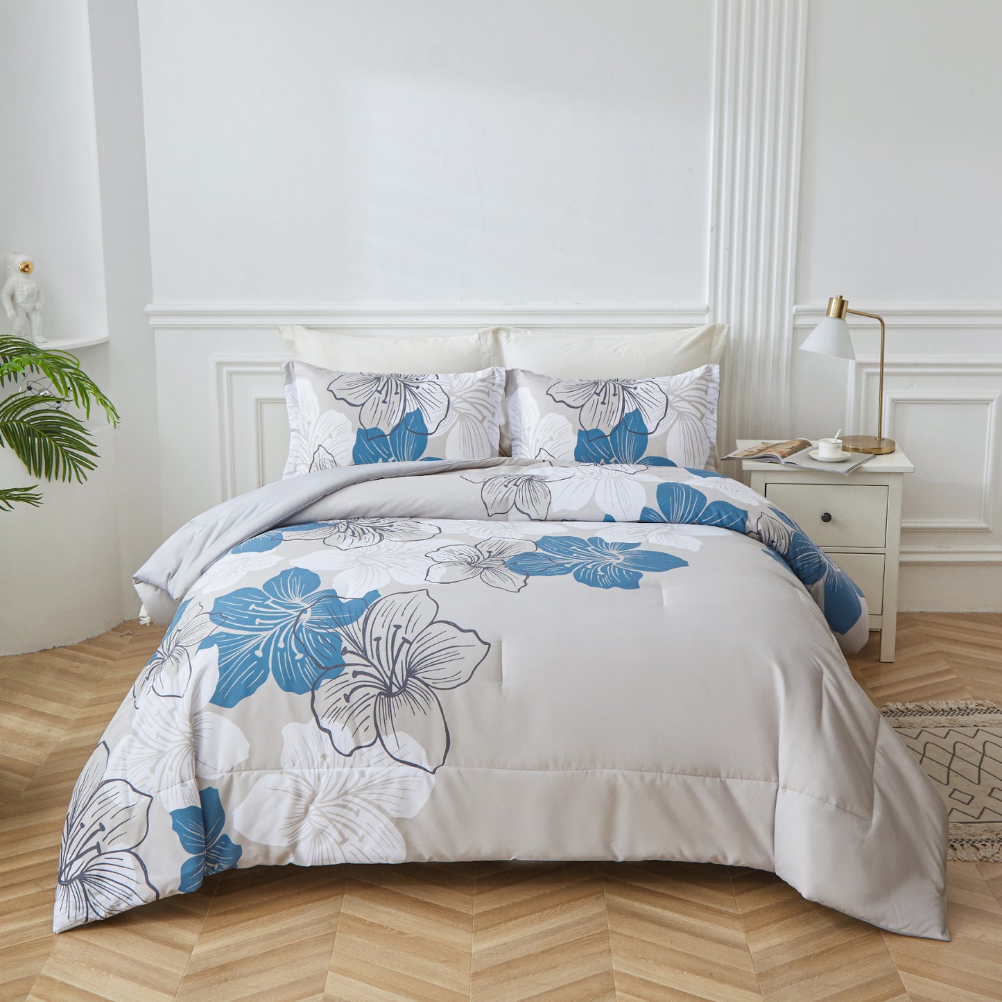 Floral Comforter Set, Queen/King Size, Blue Floral 3-Piece Bedding, Soft Microfiber for All Seasons