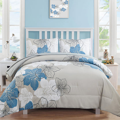 Floral Comforter Set, Queen/King Size, Blue Floral 3-Piece Bedding, Soft Microfiber for All Seasons