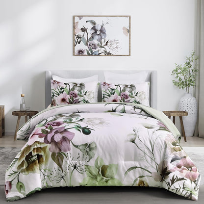 Floral Comforter Set, Queen/King Size, Green Floral 3-Piece Bedding, Soft Microfiber for All Seasons