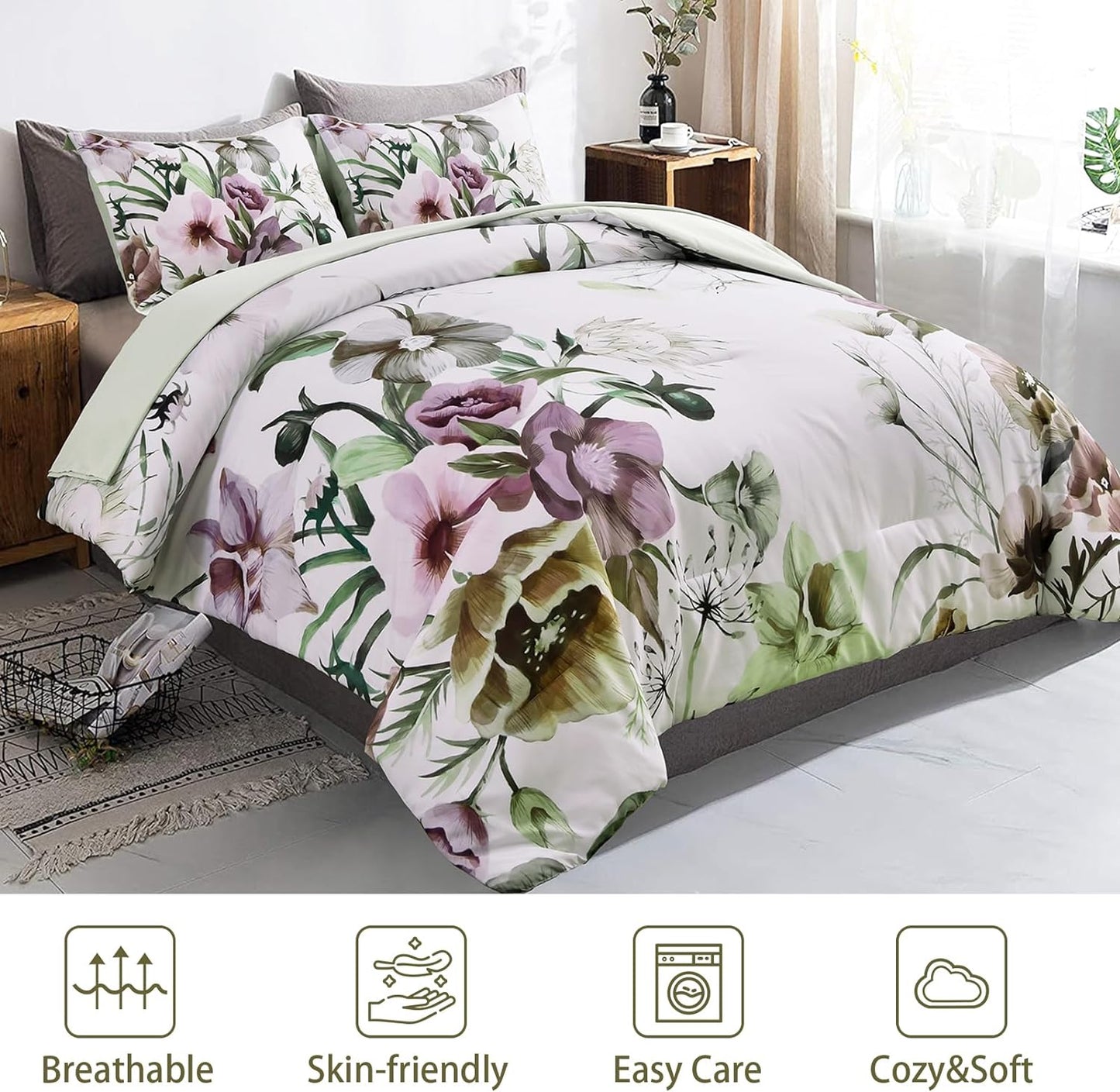 Floral Comforter Set, Queen/King Size, Green Floral 3-Piece Bedding, Soft Microfiber for All Seasons