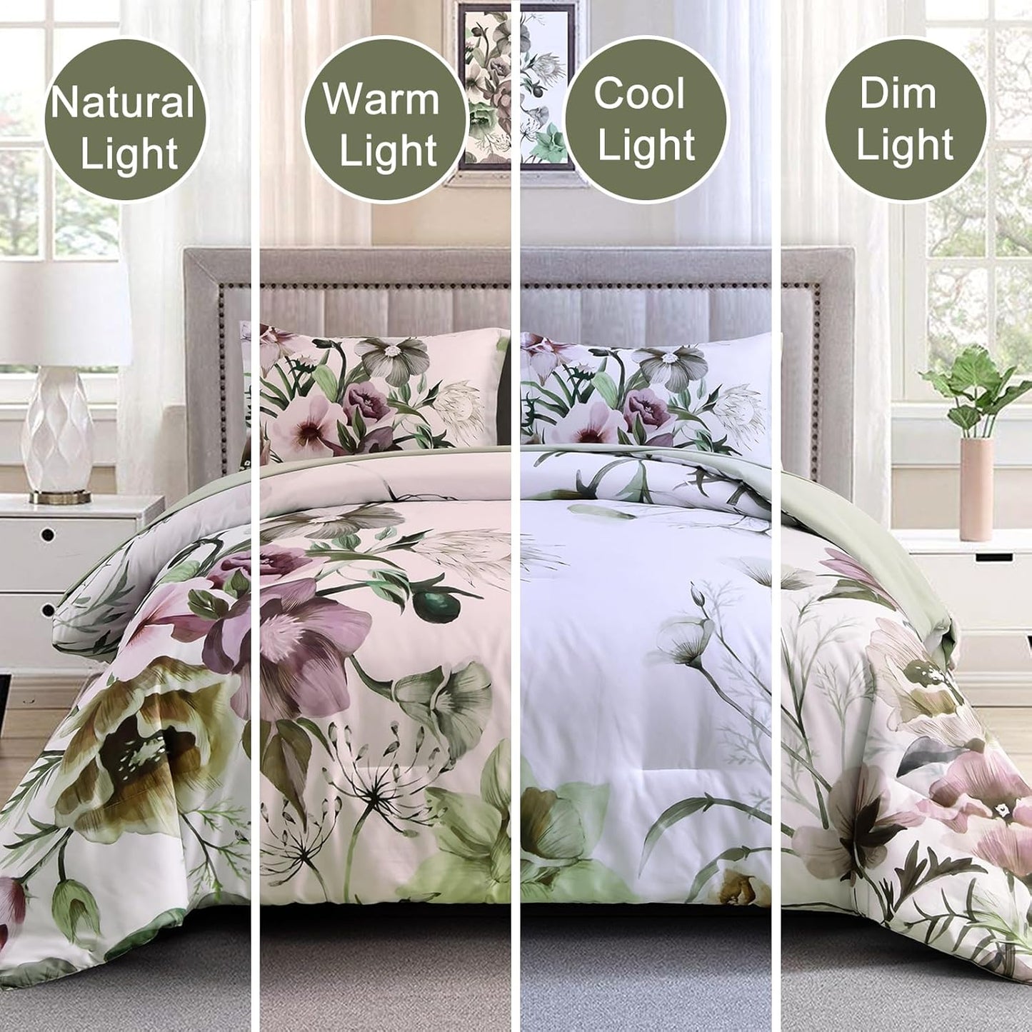 Floral Comforter Set, Queen/King Size, Green Floral 3-Piece Bedding, Soft Microfiber for All Seasons