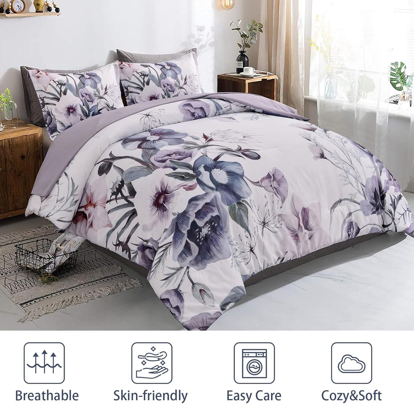 Floral Comforter Set, Queen/King Size, Purple Floral 3-Piece Bedding, Soft Microfiber for All Seasons