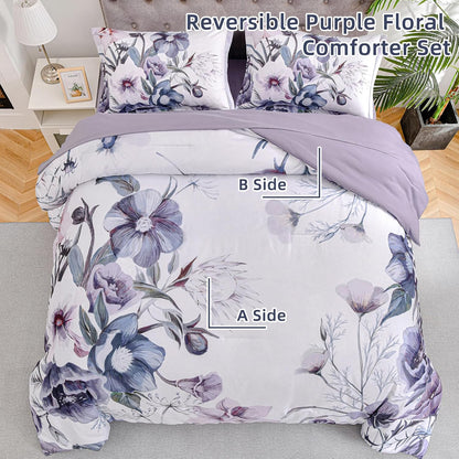 Floral Comforter Set, Queen/King Size, Purple Floral 3-Piece Bedding, Soft Microfiber for All Seasons