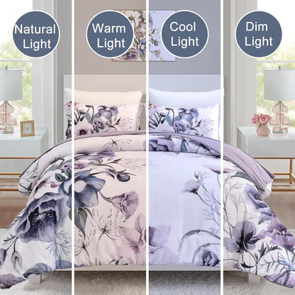 Floral Comforter Set, Queen/King Size, Purple Floral 3-Piece Bedding, Soft Microfiber for All Seasons