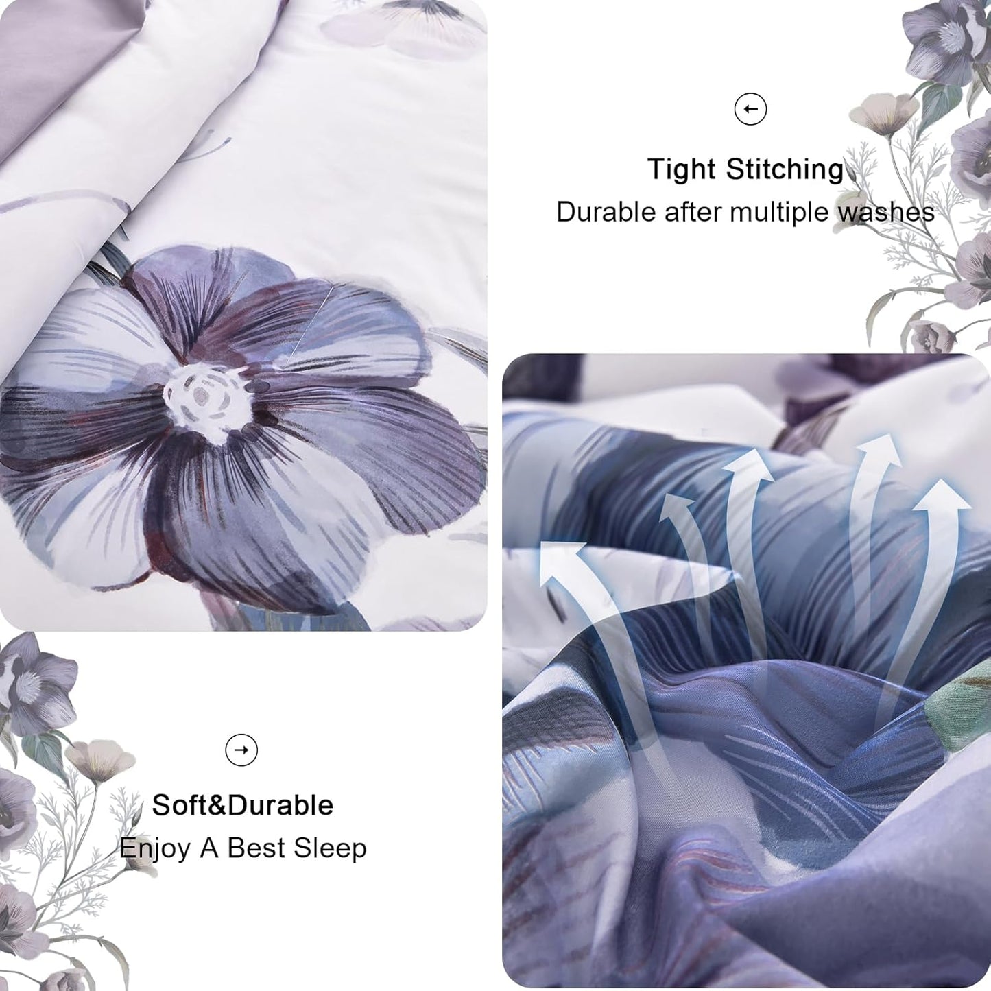 Floral Comforter Set, Queen/King Size, Purple Floral 3-Piece Bedding, Soft Microfiber for All Seasons