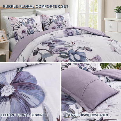 Floral Comforter Set, Queen/King Size, Purple Floral 3-Piece Bedding, Soft Microfiber for All Seasons