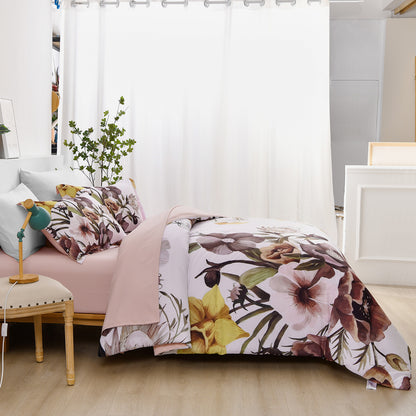 Floral Comforter Set, Queen/King Size, Blush Floral 3-Piece Bedding, Soft Microfiber for All Seasons