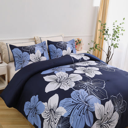 Queen/King Comforter Set, Navy Blue Floral 3-Piece Bedding, Soft Microfiber for All Seasons