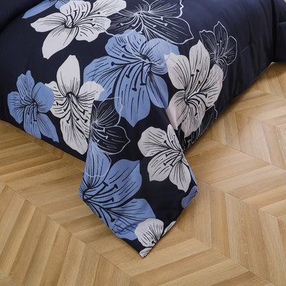 Queen/King Comforter Set, Navy Blue Floral 3-Piece Bedding, Soft Microfiber for All Seasons