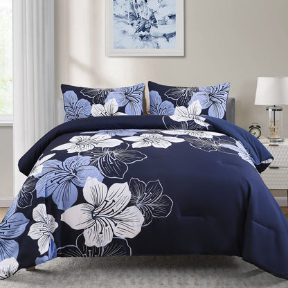 Queen/King Comforter Set, Navy Blue Floral 3-Piece Bedding, Soft Microfiber for All Seasons