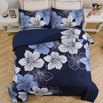 Queen/King Comforter Set, Navy Blue Floral 3-Piece Bedding, Soft Microfiber for All Seasons