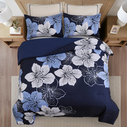 Queen/King Comforter Set, Navy Blue Floral 3-Piece Bedding, Soft Microfiber for All Seasons