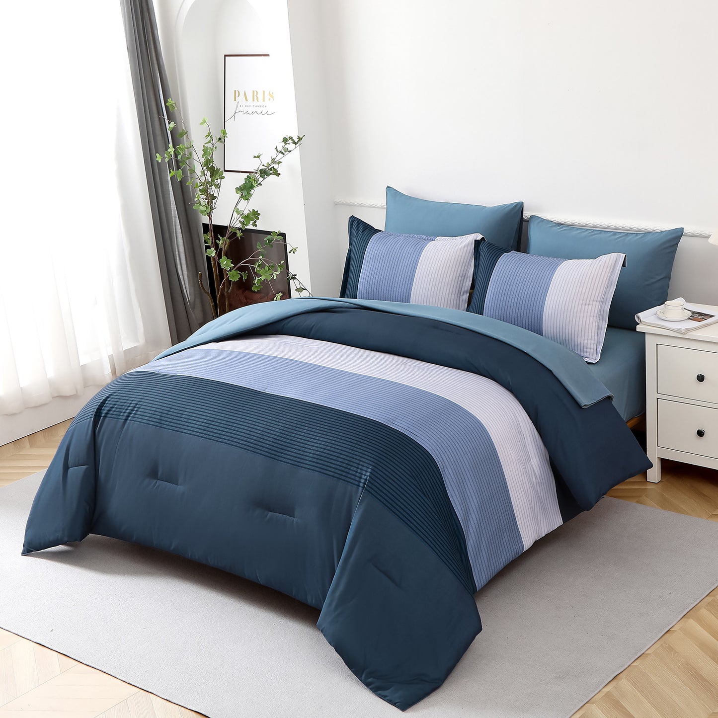 Navy Blue Comforter Set, Queen/King Size, Striped 3-Piece Bedding Collection