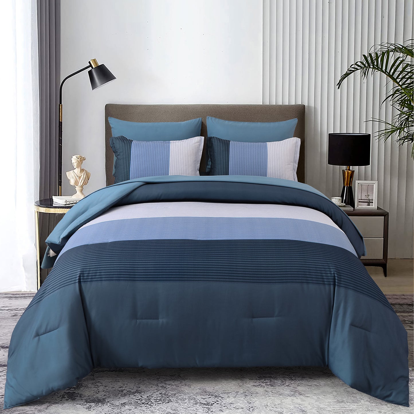 Navy Blue Comforter Set, Queen/King Size, Striped 3-Piece Bedding Collection