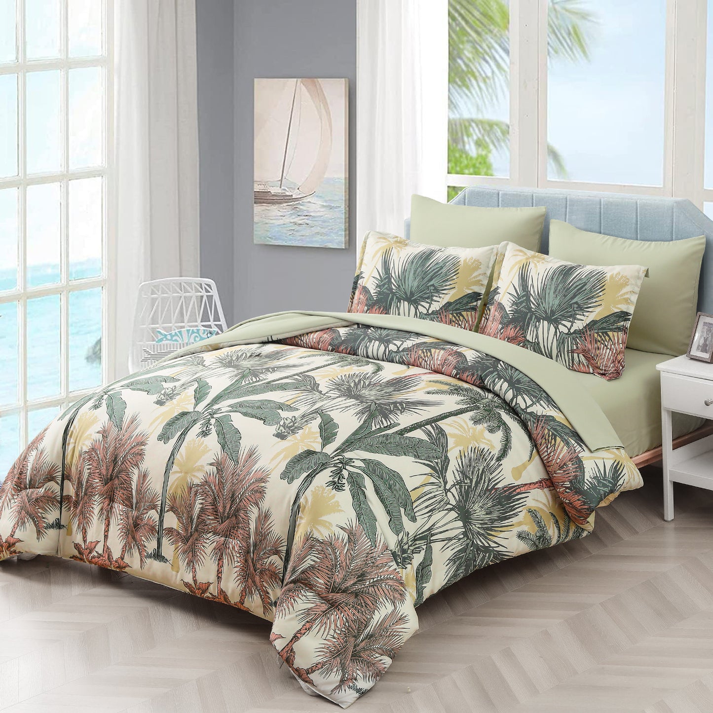 Soft Floral Leaf Comforter Set, Queen/King Size, Warm Quilted Bedding with Pillowcases