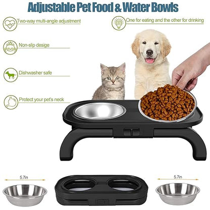 Adjustable Elevated Pet Feeder with Dual Stainless Steel Bowls -Foldable, Anti-Slip Design for Dogs and Cats