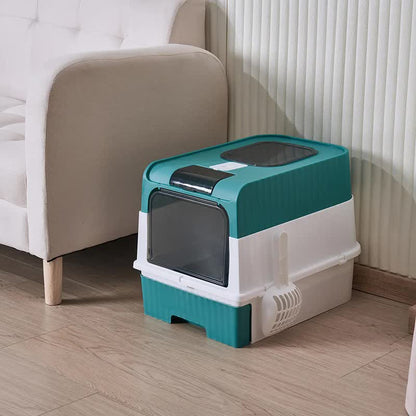 Green Large Enclosed Cat Litter Box with Drawer and Scoop-Odor Control, Removable Tray, Easy Clean Design