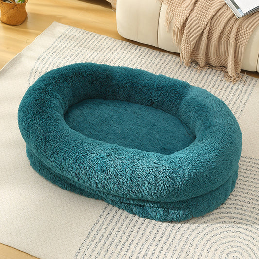 Fluffy Donut-Shaped Pet Bed- Soft, Cozy, and Anti-Anxiety for Dogs and Cats, Machine Washable  cyan blue Size:L 90*65*20cm