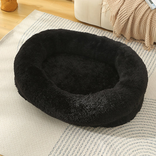 Fluffy Donut-Shaped Pet Bed- Soft, Cozy, and Anti-Anxiety for Dogs and Cats, Machine Washable  Black Size:L 90*65*20cm