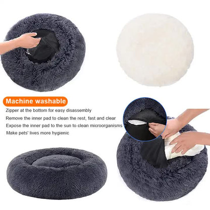 Calming Donut Pet Bed -Soft Faux Fur, Anti-Anxiety Fluffy Round Bed for Cats and Small Dogs (khaki)50cm