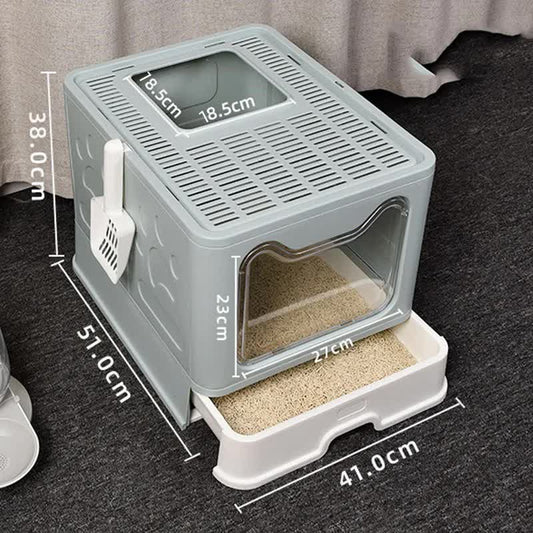 Foldable Cat Litter Box with Pull-Out Tray -Easy Cleaning and Anti-Splash Design Blue 51*41*38cm