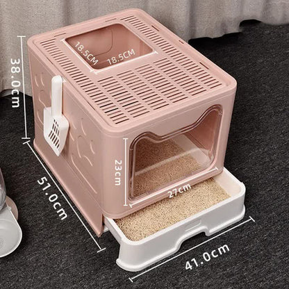 Foldable Cat Litter Box with Pull-Out Tray -Easy Cleaning and Anti-Splash Design  Pink 51*41*38cm