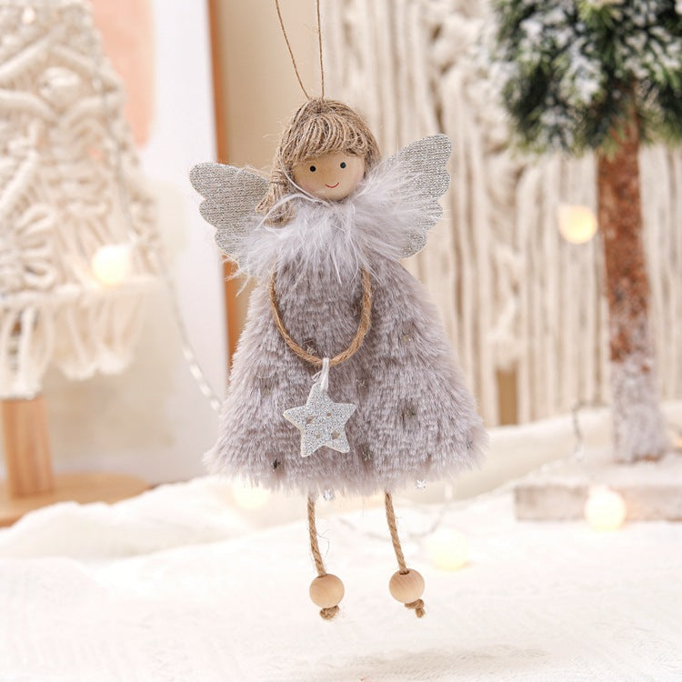 Fluffy Angel Hanging Ornament with Heart and Glitter Wings - Christmas Tree Decoration 16*10 cm Grey(6 pieces)