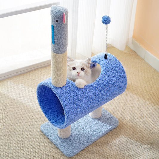 Interactive Cat Tunnel & Scratching Post with Spring Toy - Cozy Playtime for Kittens Blue